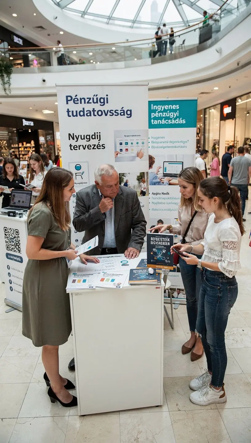 Pénzügyi tanácsadó segít ügyfélnek egy interaktív workshop keretében a standnál