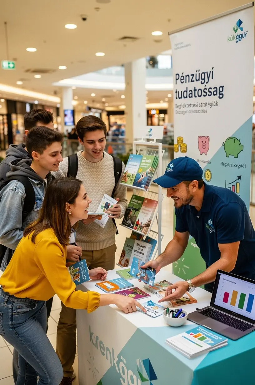 Infografikák és oktató plakátok láthatók egy személyes pénzügyi blog pop-up standján a bevásárlóközpontban