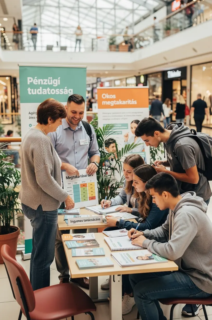 Személyes pénzügyi alapismeretek könyvek és eszközök bemutató standja egy bevásárlóközpontban