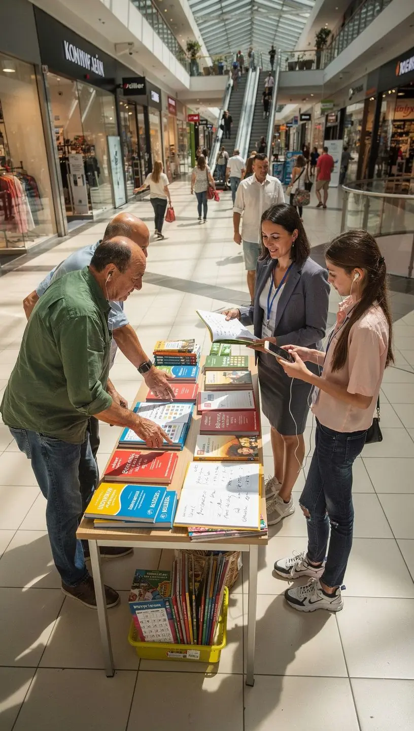 Tanácsadó szakember élő konzultációt tart személyes pénzügyi témában egy modern standnál